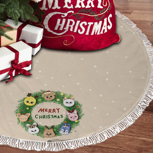 Stray Kids Skzoo Merry Christmas Wreath Beige Holiday Tree Skirt – Plush Christmas Tree Skirt - Soft, Cozy & Festive Decor - Beyond The Shoppe