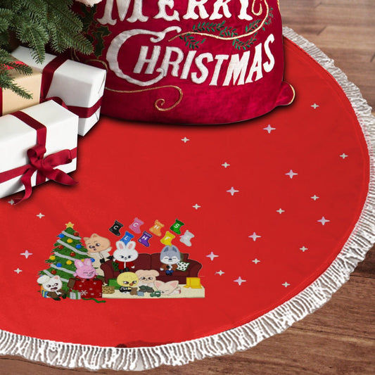 Stray Kids Skzoo Red Holiday Tree Skirt – Plush Christmas Tree Skirt - Soft, Cozy & Festive Decor - Beyond The Shoppe