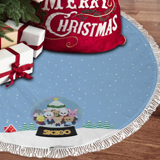 Stray Kids Skzoo Snow Globe Light Blue Holiday Tree Skirt – Plush Christmas Tree Skirt - Soft, Cozy & Festive Decor - Beyond The Shoppe