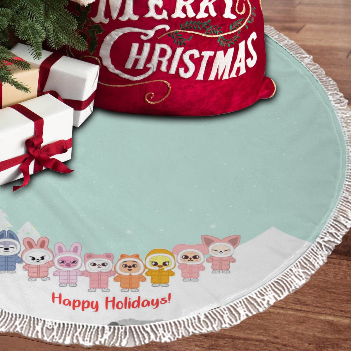 Stray Kids Skzoo Village Happy Holidays Holiday Tree Skirt – Plush Christmas Tree Skirt - Soft, Cozy & Festive Decor - Beyond The Shoppe