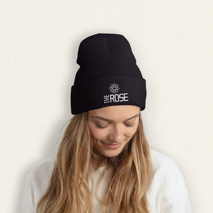 The Rose with Logo Beanie for Adults – Cozy Polyester Knit Hat - Stylish, Comfortable & Trendy Hat - Beyond The Shoppe